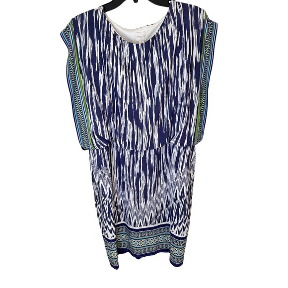 Chicos Size XL Navy & White Ikat Print Sleeveless Tunic Dress W/ Side Drape - Picture 3 of 7